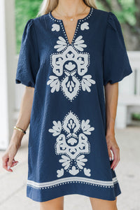As Time Flies Navy Embroidered Shift Dress