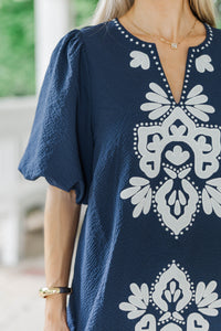 As Time Flies Navy Embroidered Shift Dress