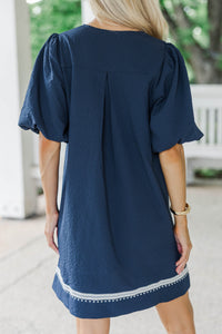 As Time Flies Navy Embroidered Shift Dress