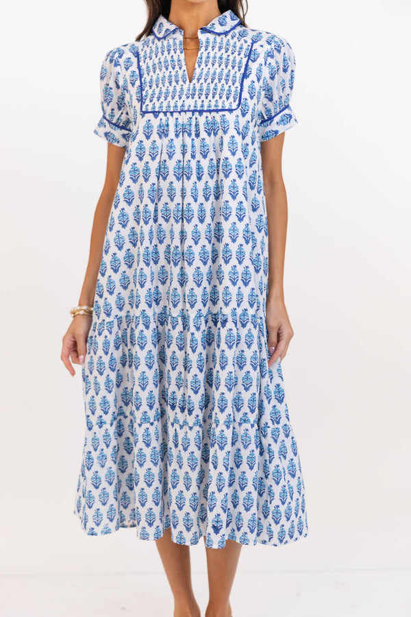 Lucky To Be Here Blue Medallion Midi Dress