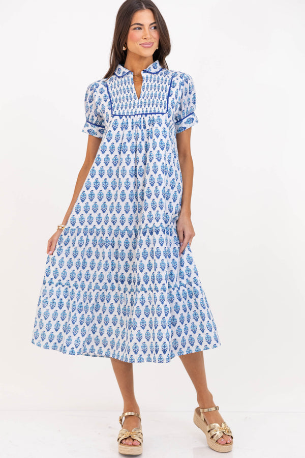 Lucky To Be Here Blue Medallion Midi Dress