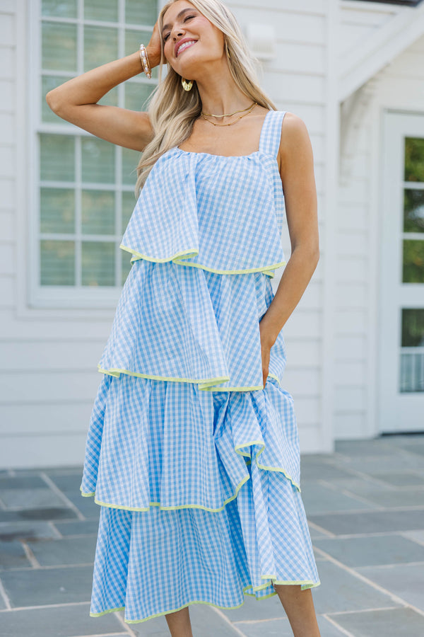 Open Skies Light Blue Gingham Midi Dress, X-Small - The Mint Julep Boutique