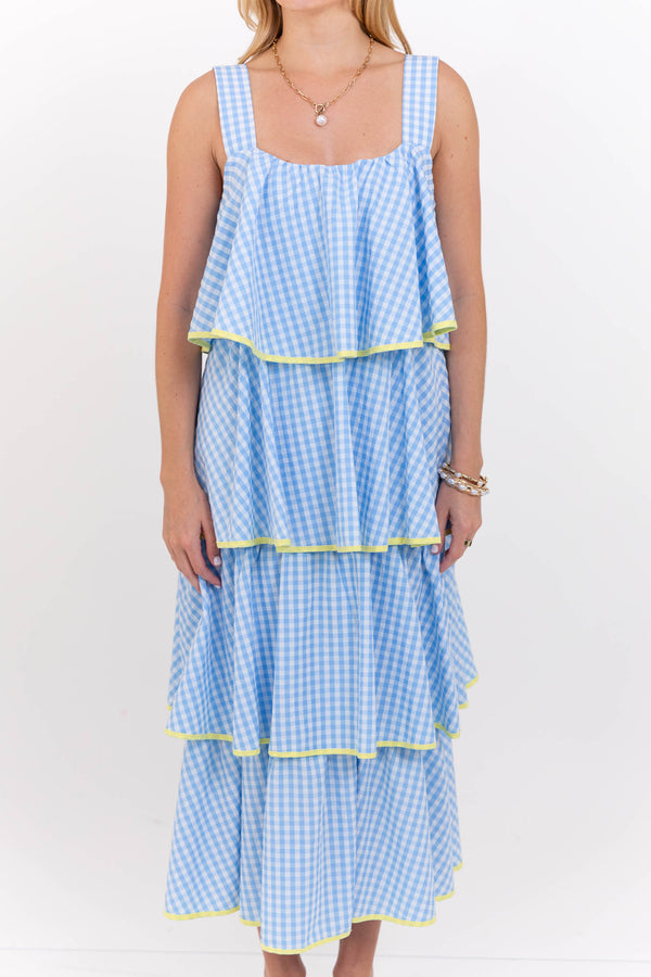 Open Skies Light Blue Gingham Midi Dress