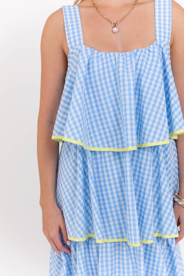 Open Skies Light Blue Gingham Midi Dress