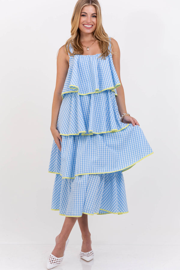 Open Skies Light Blue Gingham Midi Dress