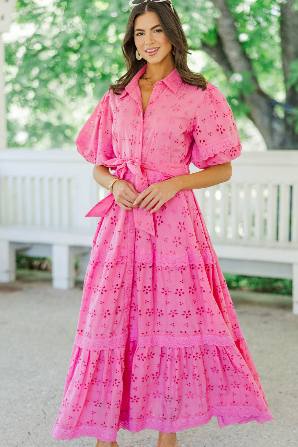 eyelet midi dress Count Me In Pink Dress, Medium - The Mint Julep Boutique neckline elevates this piece backfill-done Color:Purple as Picture Red High Slit V