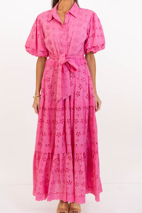 Count Me In Pink Eyelet Midi Dress