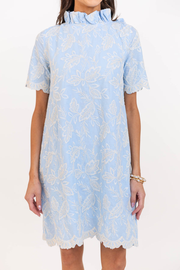 The Grand Light Blue Embroidered Swing Dress