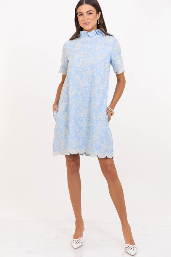 The Grand Light Blue Embroidered Swing Dress