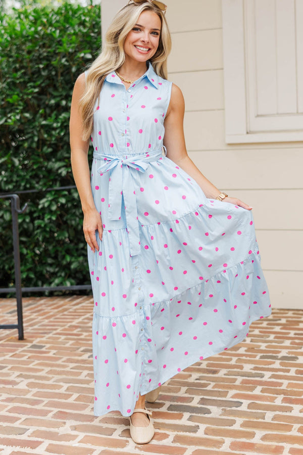 When It All Works Out Light Blue Polka Dot Midi Dress