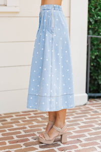 Softly Swaying Blue Polka Dot Midi Skirt
