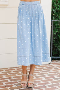 Softly Swaying Blue Polka Dot Midi Skirt