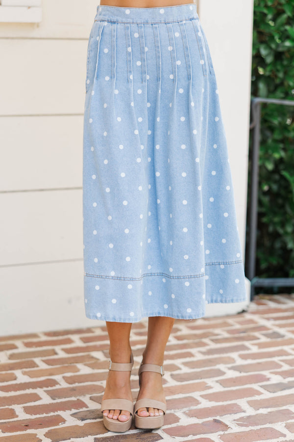 Softly Swaying Blue Polka Dot Midi Skirt