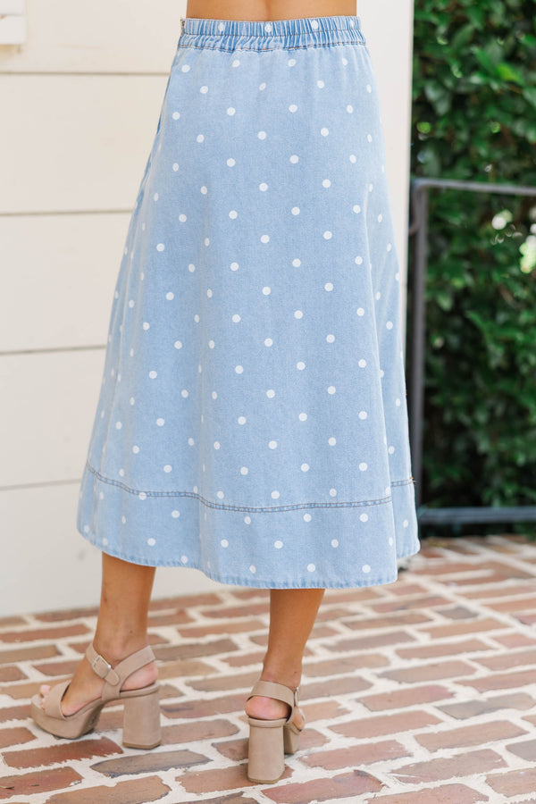 Softly Swaying Blue Polka Dot Midi Skirt