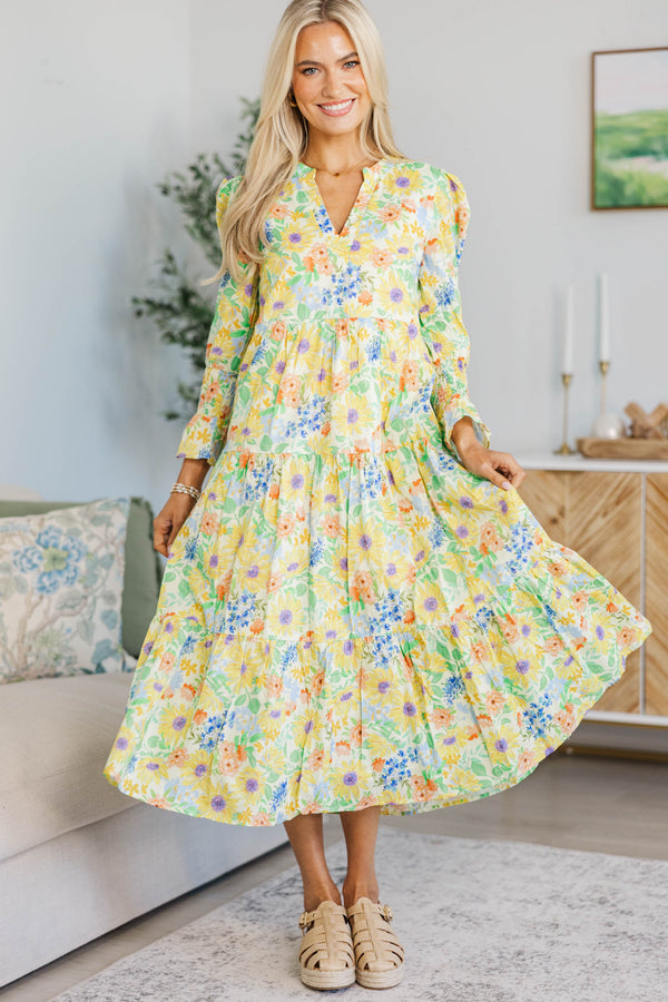 mustard floral midi dress NURSING COLLECTION: What A Surprise Yellow Floral Midi Dress, X-Large - The Mint Julep Boutique