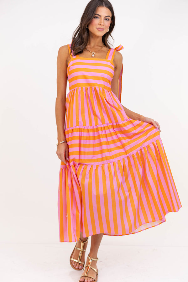 Good From The Start Orange Striped Midi Dress