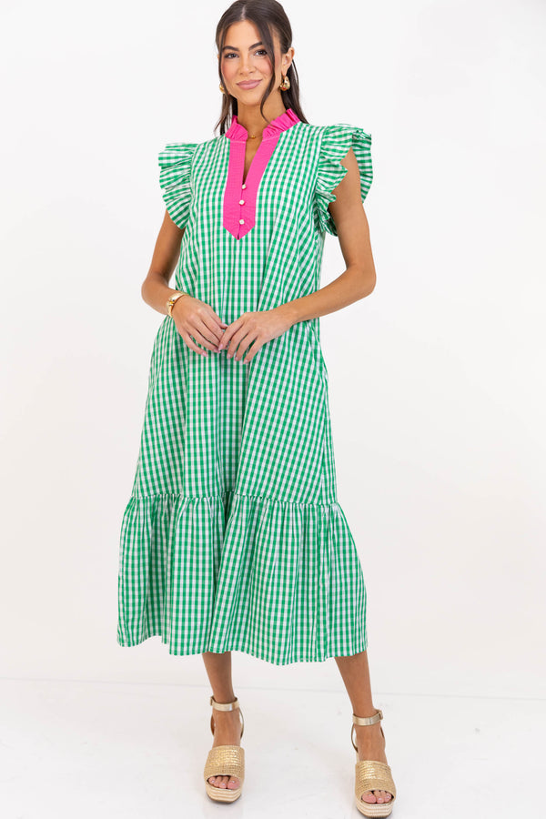 Just Right For You Green Gingham Midi Dress