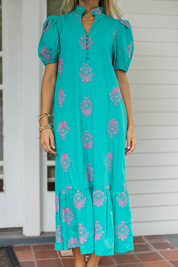 No Notes Mint Embroidered Midi Dress