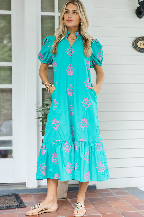 No Notes Mint Embroidered Midi Dress