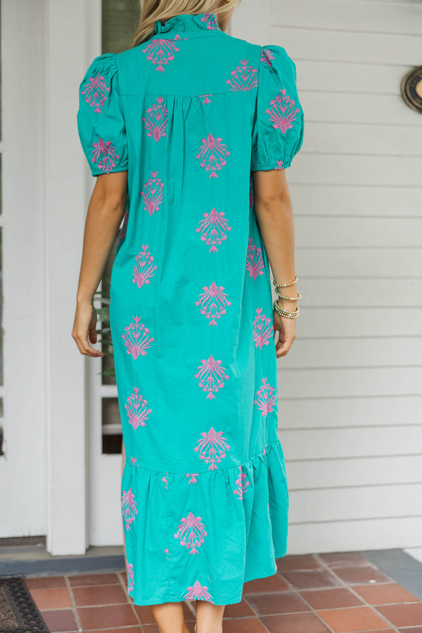 No Notes Mint Embroidered Midi Dress