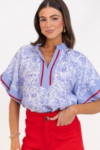 For Keeps Blue Floral Blouse