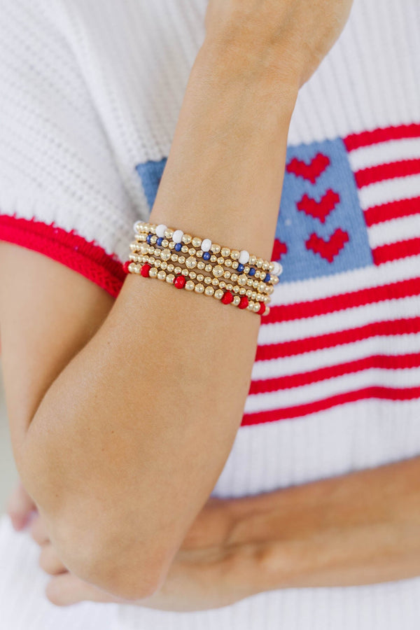 By The Light Red, White, And Blue Beaded Bracelet Set