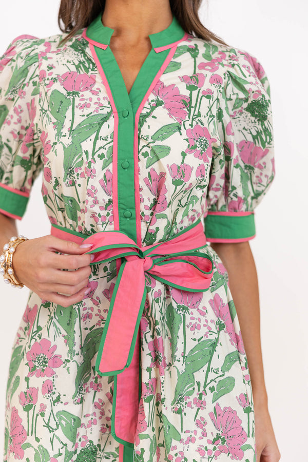 pink and green dress for women Block Unique animal floral print Pleated chiffon skirt Crew neck and defined waistband Long sleeves with gathered cuff details Maxi length silhouette Main 50% Recycled polyester Anabelle Halter Neck Midi Dress