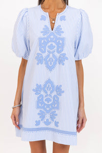As Time Flies Blue Striped Embroidered Shift Dress