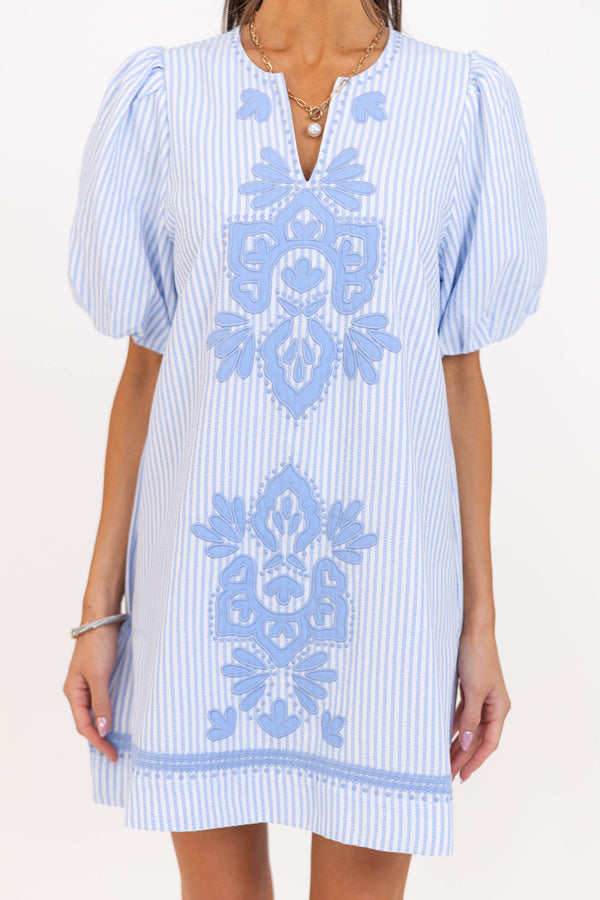As Time Flies Blue Striped Embroidered Shift Dress