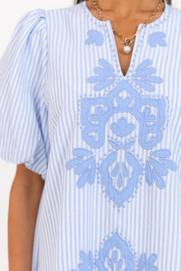 As Time Flies Blue Striped Embroidered Shift Dress