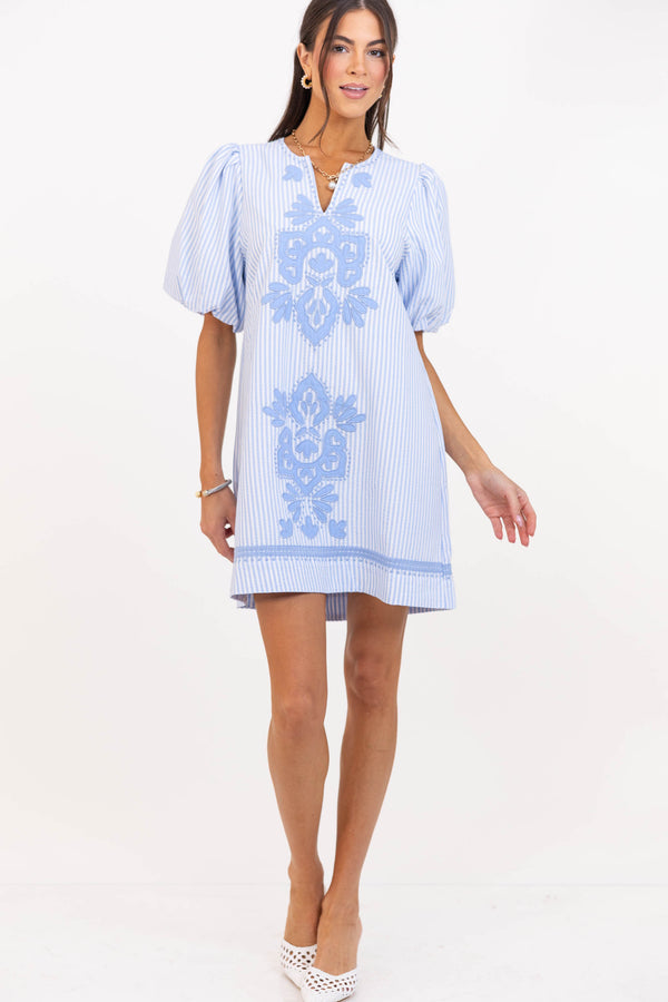 As Time Flies Blue Striped Embroidered Shift Dress