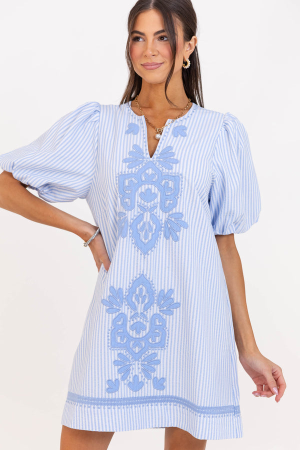 As Time Flies Blue Striped Embroidered Shift Dress