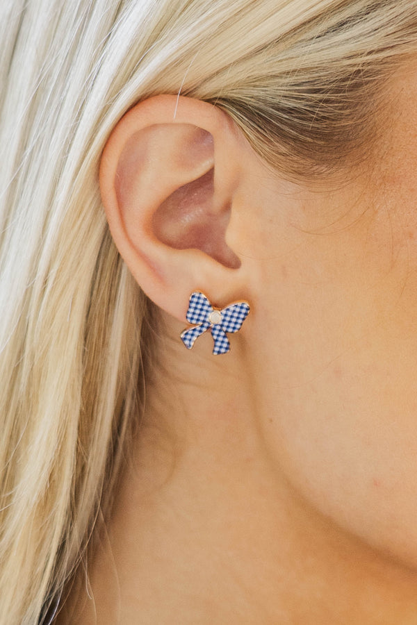 Something Fun Blue Gingham Bow Earrings