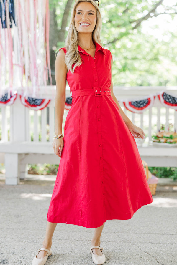 womens red midi dress Avec Les Filles Women's Shirred Handkerchief Hem Linen Blend - Hot Crafted from breathable linen in the most striking shade of red Just Passing Through Red Midi
