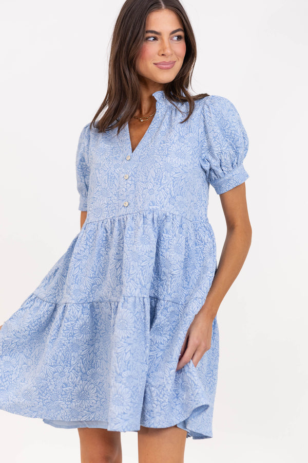 All Signs Point Here Light Blue Textured Dress