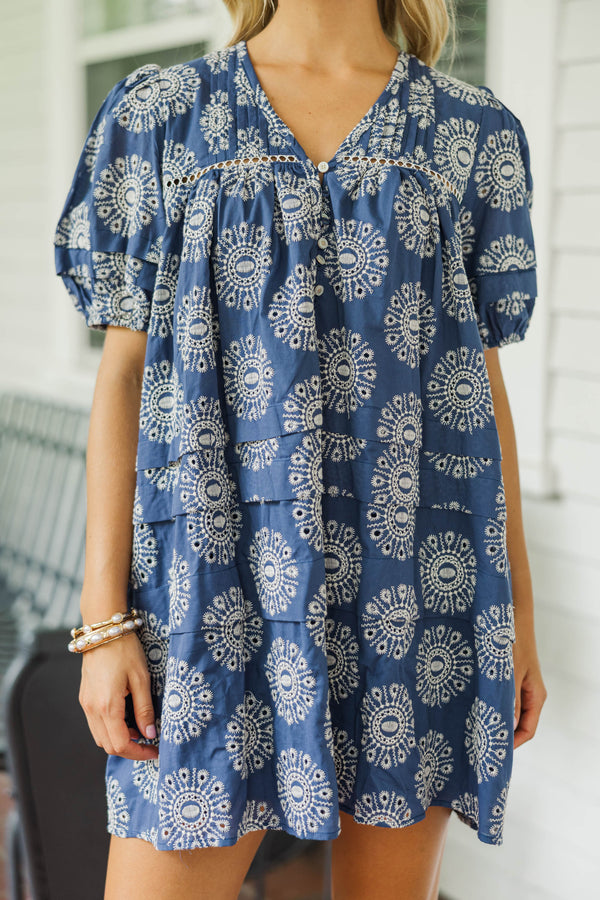 Designed For Joy Navy Blue Eyelet Pleated Dress