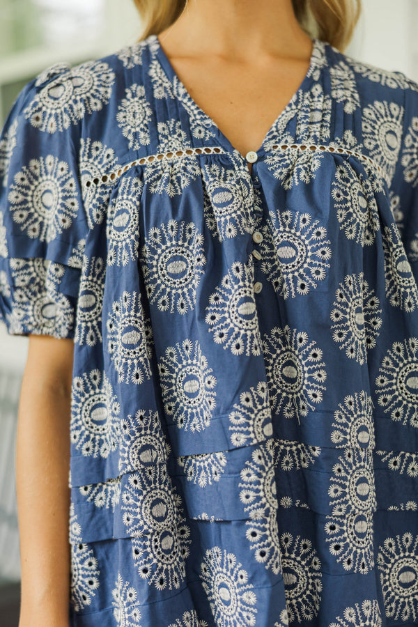 Designed For Joy Navy Blue Eyelet Pleated Dress