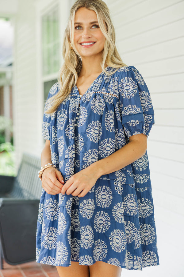Designed For Joy Navy Blue Eyelet Pleated Dress