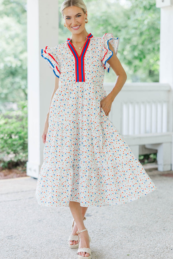 Brunch Date White Ditsy Floral Midi Dress, Large - The Mint Julep Boutique