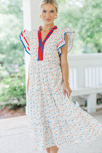 Brunch Date White Ditsy Floral Midi Dress
