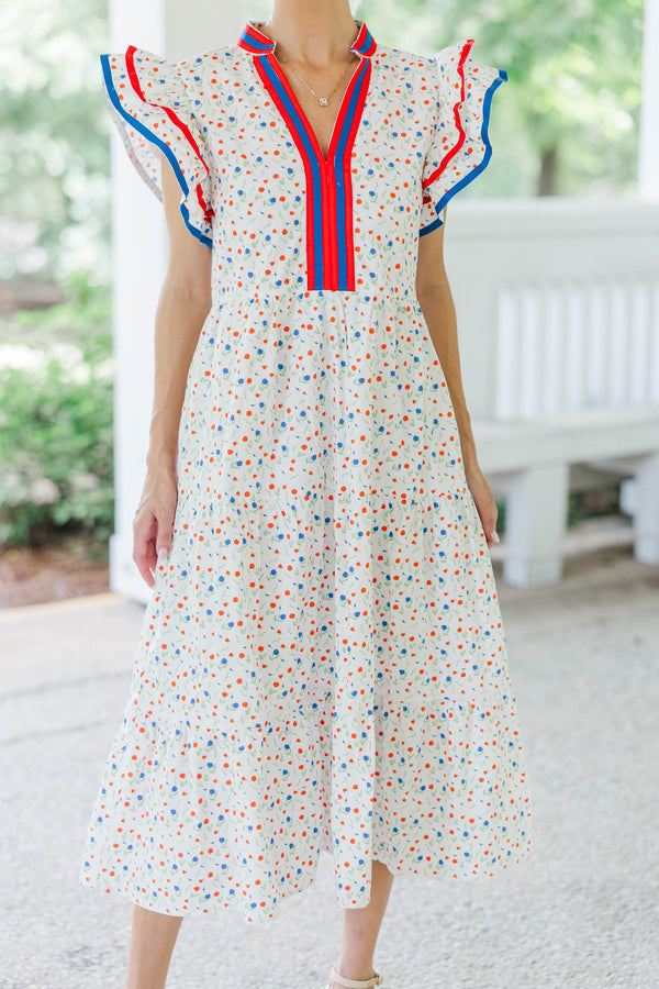Brunch Date White Ditsy Floral Midi Dress