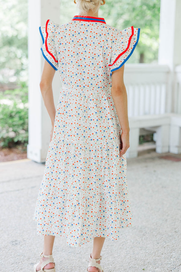 Brunch Date White Ditsy Floral Midi Dress