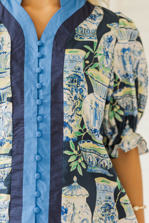 Dressed To Impress Navy Chinoiserie Blouse