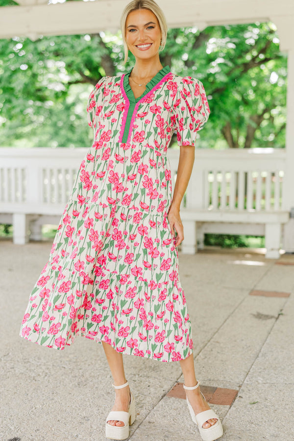 For The Time Being Pink And White Floral Midi Dress