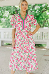 For The Time Being Pink And White Floral Midi Dress
