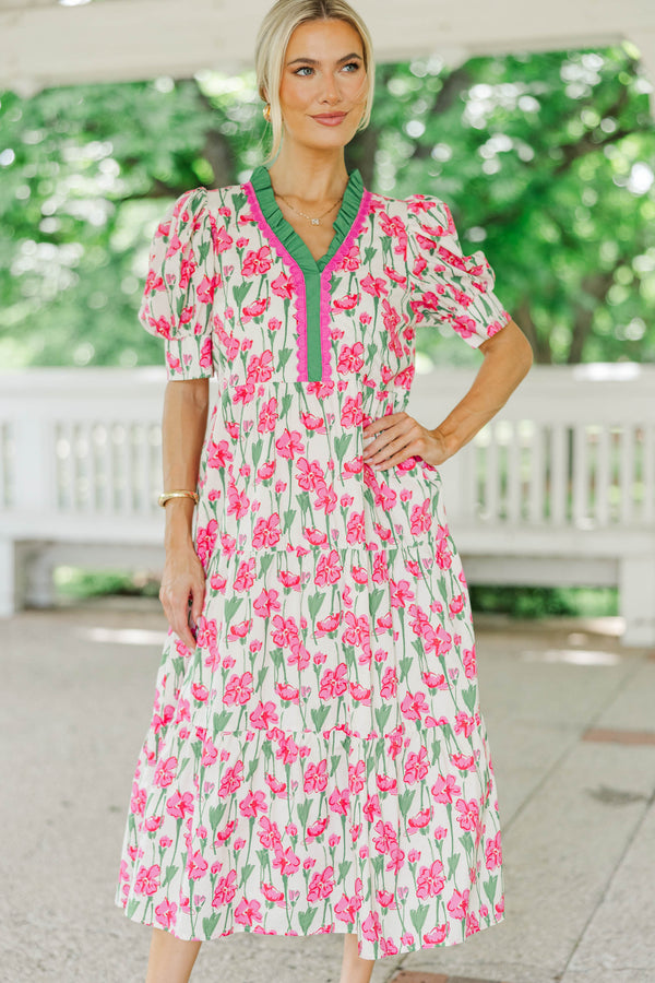 For The Time Being Pink And White Floral Midi Dress