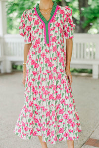 For The Time Being Pink And White Floral Midi Dress