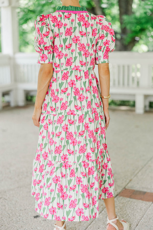 For The Time Being Pink And White Floral Midi Dress