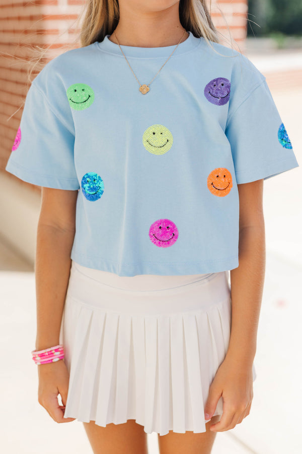 Girls: New School Year Fun Light Blue Smiley Sequin Top