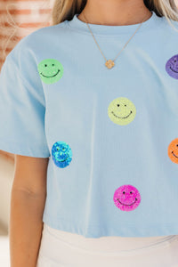 Girls: New School Year Fun Light Blue Smiley Sequin Top